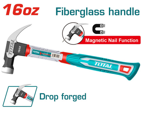 Scule si unelte de mana, Ciocan de dulgherie TOTAL, 450g,  maner din fibra de sticla si suport magnetic pentru cuie, 2, atomico.ro