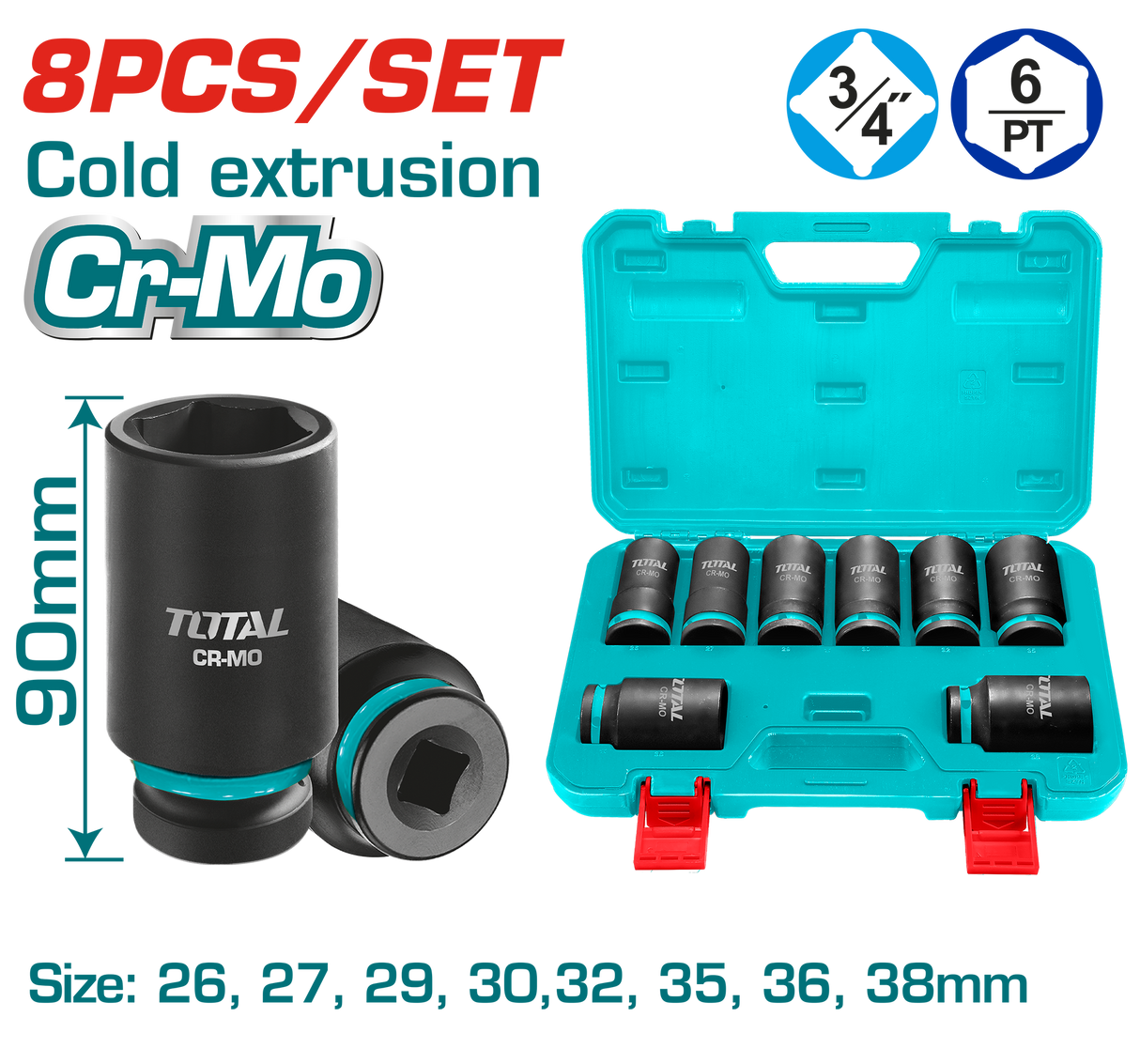Set tubulare impact adanci TOTAL 3/4", 8 piese, 26–38 mm, Cr-Mo, 90 mm, 2, atomico.ro