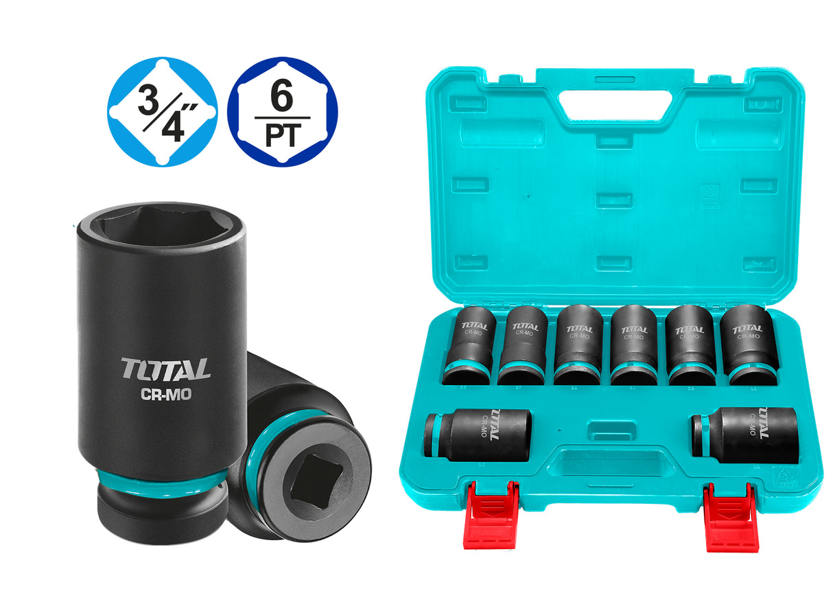Set tubulare impact adanci TOTAL 3/4", 8 piese, 26–38 mm, Cr-Mo, 90 mm, 1, atomico.ro