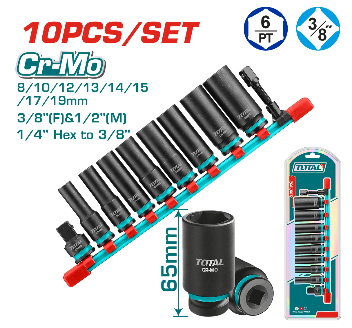 Set 10 piese tubulare de impact adanci TOTAL, 3/8", Cr-Mo, 1, atomico.ro