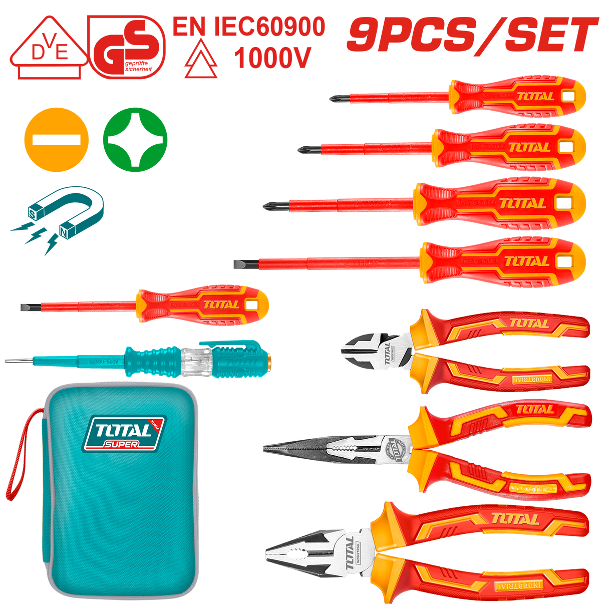 Set surubelnite si clesti izolati pentru electricieni TOTAL, 9 piese, 1000 V, EN IEC 60900, 1, atomico.ro