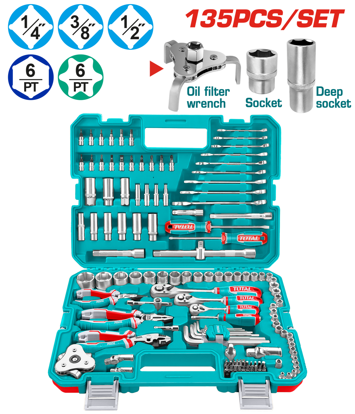 Trusa scule TOTAL 135 piese, set chei, clichet, biti, clesti si accesorii, cutie organizata, 2, atomico.ro