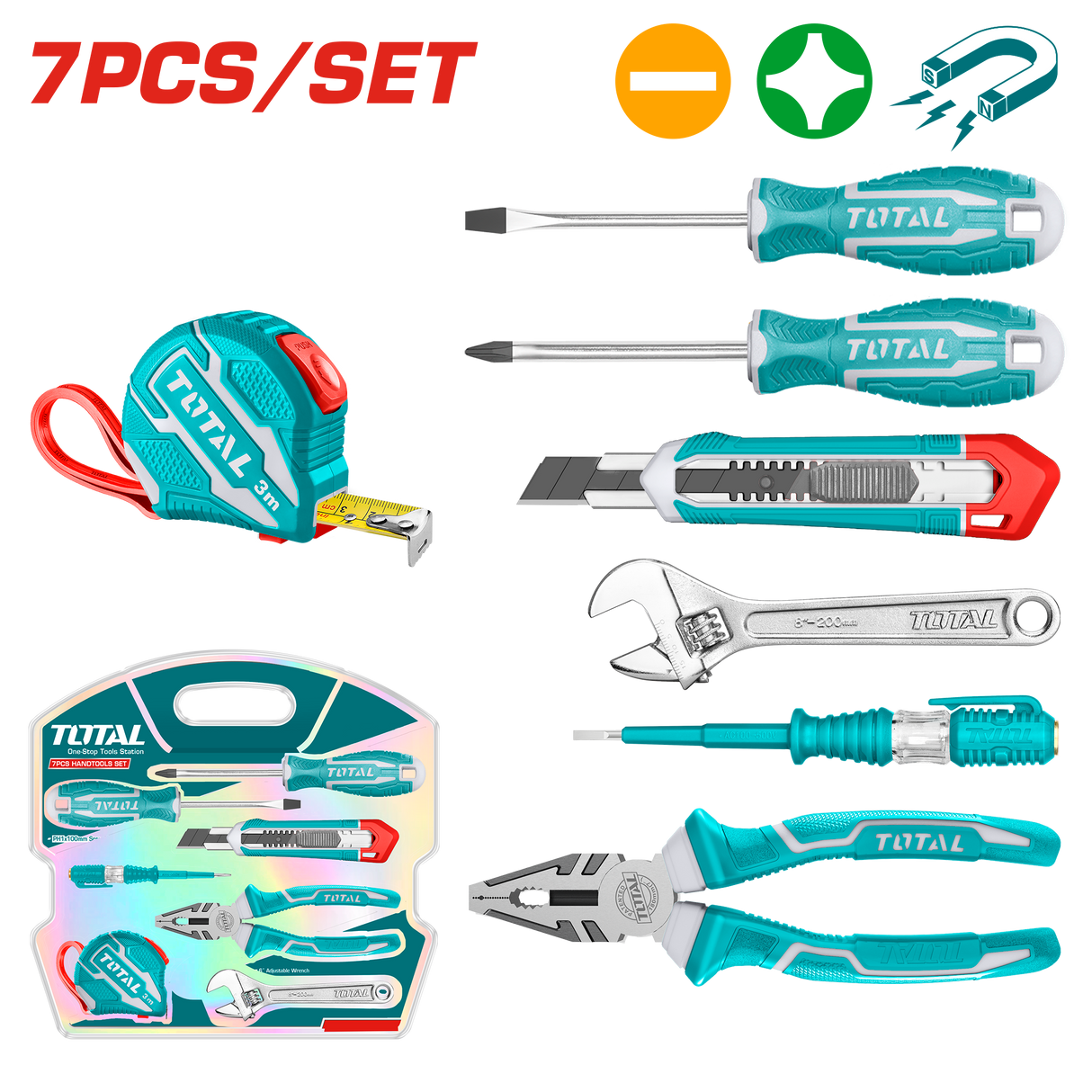 Set unelte TOTAL 7 piese, cleste, surubelnite, ruleta 3 m, cheie reglabila, 7, atomico.ro