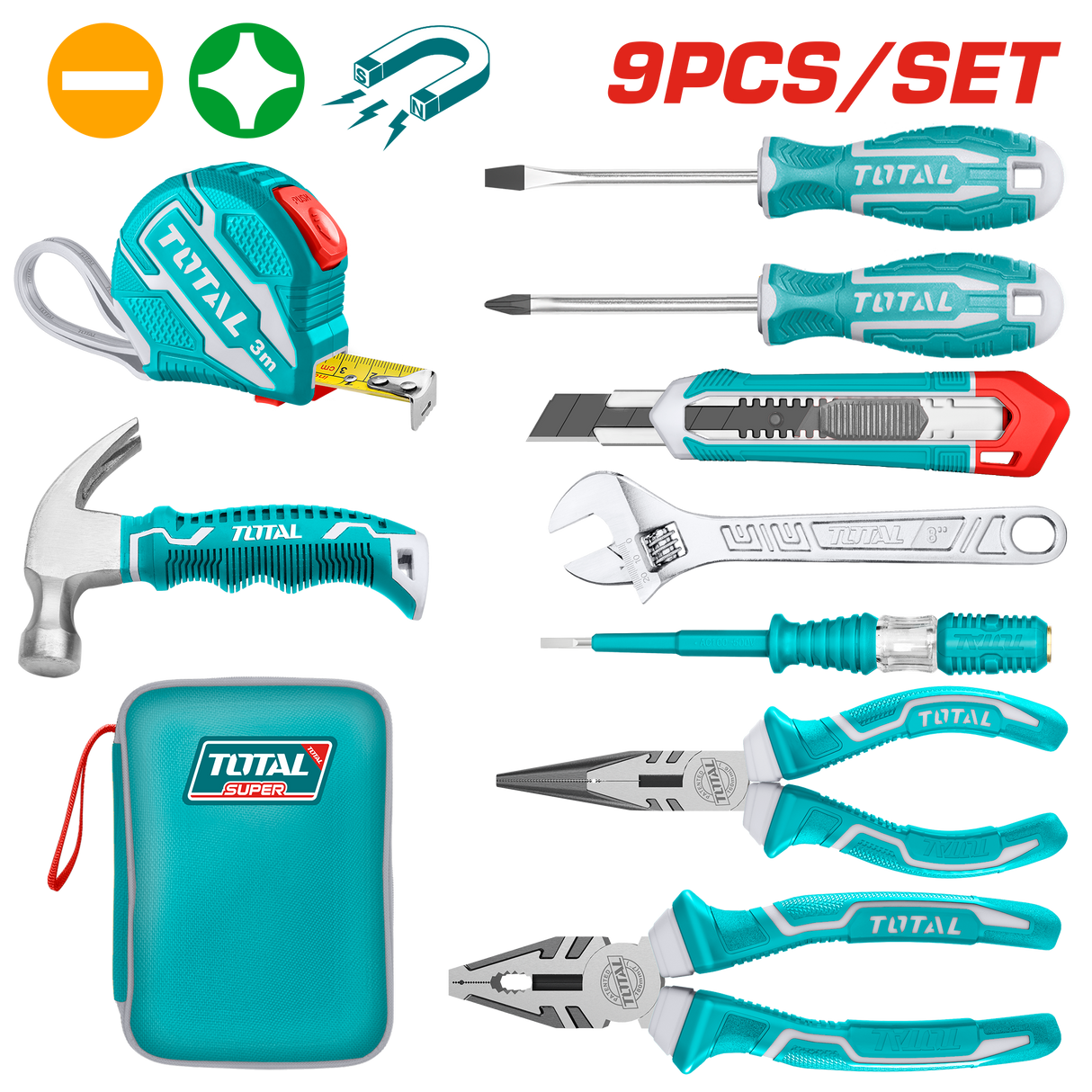 Set unelte de mana TOTAL 9 piese, ruleta 3 m, clesti, surubelnite, cheie reglabila, 6, atomico.ro