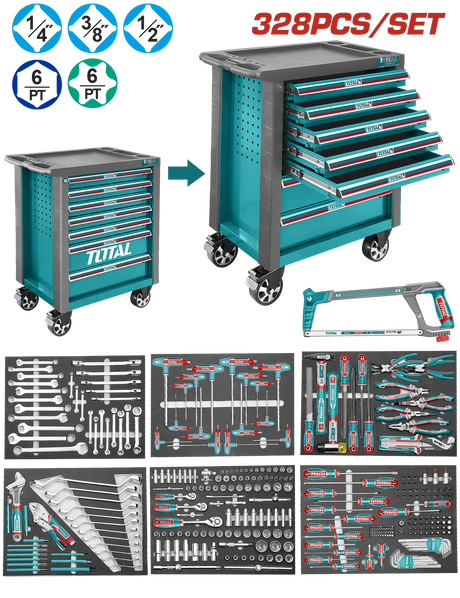 Scule si unelte de mana, Carucior de scule TOTAL Industrial 328 piese – 7 sertare, complet echipat cu tavi EVA, 2, atomico.ro