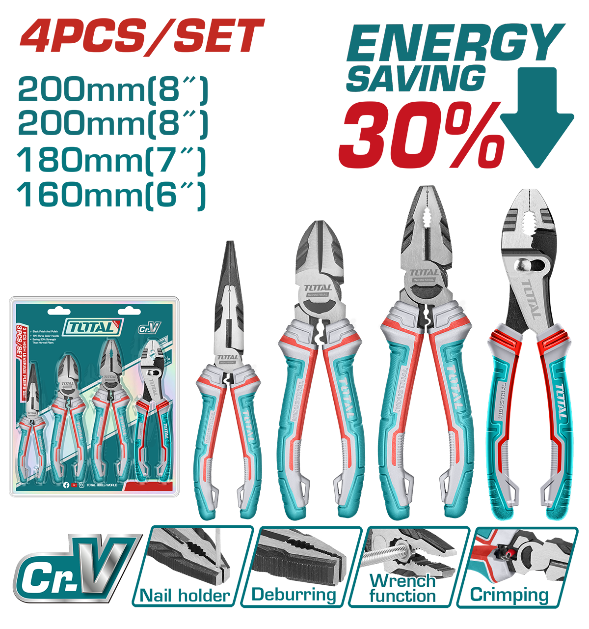 Set 4 Clesti TOTAL Cr-V – Cleste Combinat 8”, Taietor 7”, Varf Lung 6”, Articulatie Glisanta 8”, 2, atomico.ro