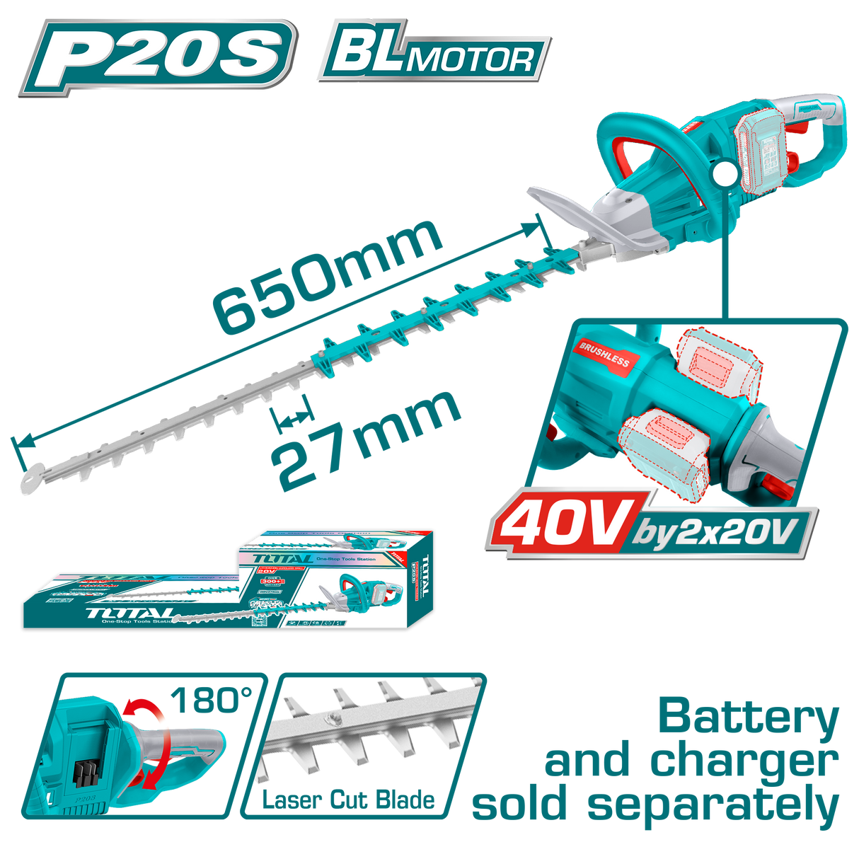 Trimmer pentru tuns gard viu TOTAL 40V, lama 650 mm, motor brushless, fara acumulator si incarcator, 1, atomico.ro