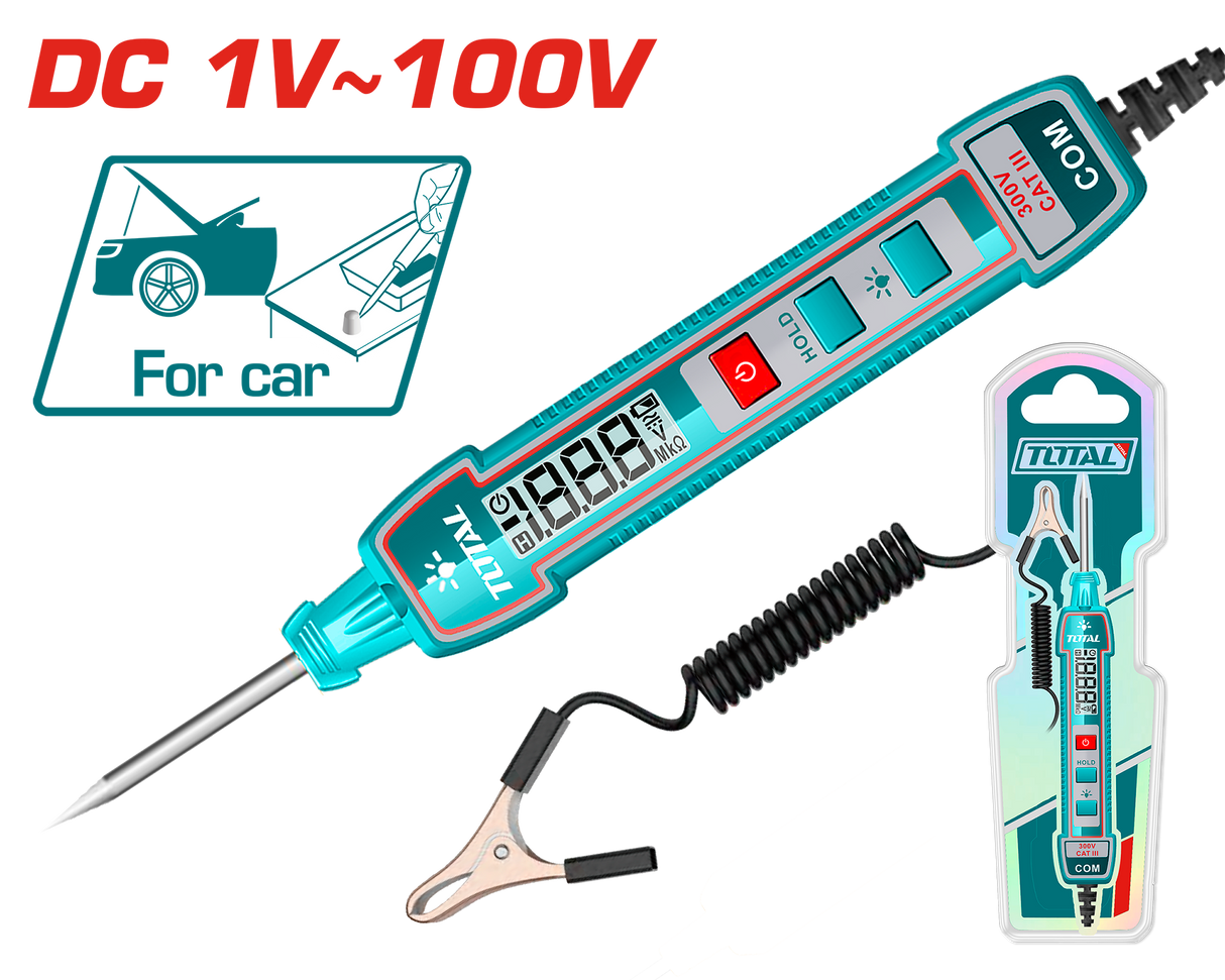 Tester tensiune TOTAL DC 1–100V, afisaj digital, cablu 2.7 m, lanterna, iluminare display, 2, atomico.ro