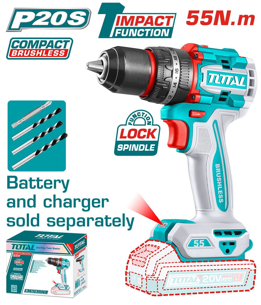 Masina de gaurit cu percutie TOTAL, 20V, 55 Nm motor fara perii (nu include acumulator), 2, atomico.ro