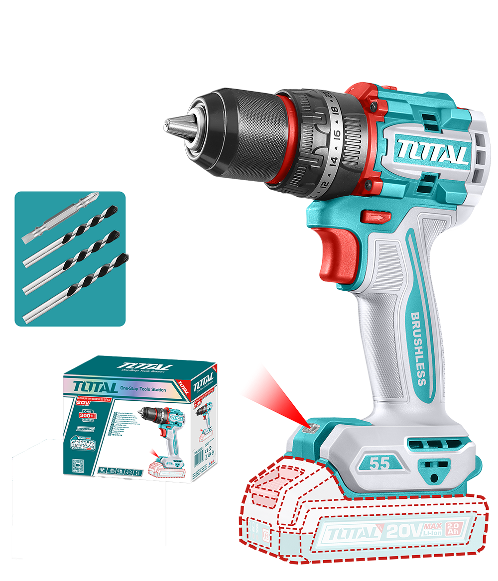 Masina de gaurit cu percutie TOTAL, 20V, 55 Nm motor fara perii (nu include acumulator), 1, atomico.ro