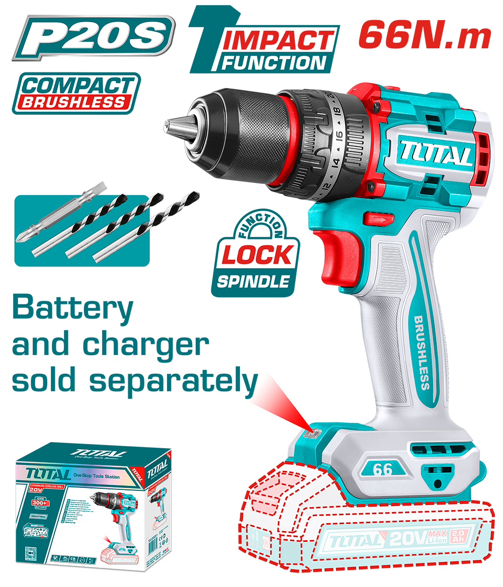 Masina de gaurit cu percutie TOTAL 20V, 66 Nm, motor fara perii (nu include acumulator si incarcator)), 2, atomico.ro