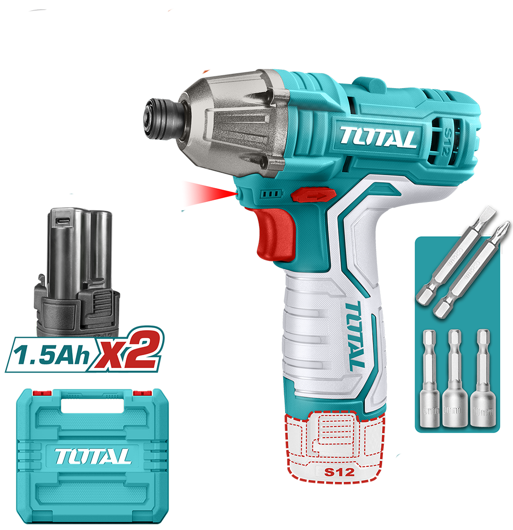 Masina de insurubat cu impact TOTAL, acumulator 12V-1.5Ah Li-Ion, HEX 1/4" (include 2 acumulatori), 1, atomico.ro