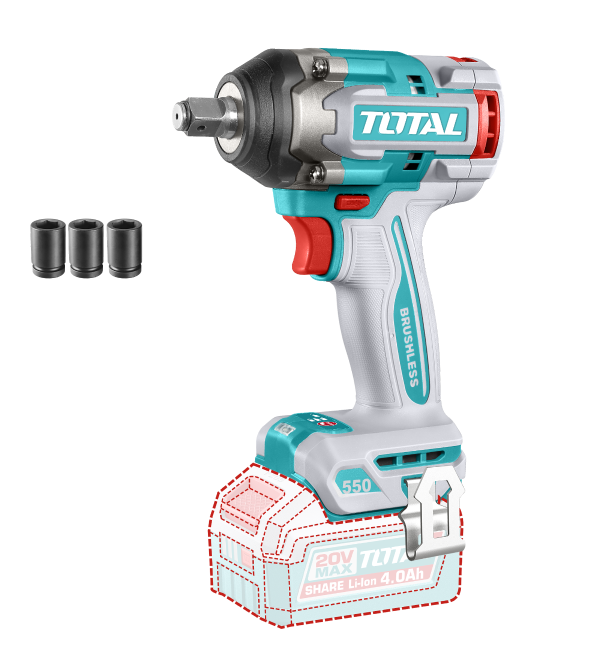 Masina de insurubat cu impact pe acumulator TOTAL, 20V, prindere patrata 1/2", cuplu strangere 550V, 2500rpm, 3500bpm, fara acumulator si incarcator, 2, atomico.ro