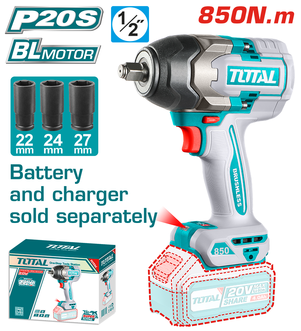 Masina de insurubat cu impact TOTAL, 20V, 850Nm, motor fara perii (nu include acumulator), tractiune patrata 1/2”, 2, atomico.ro