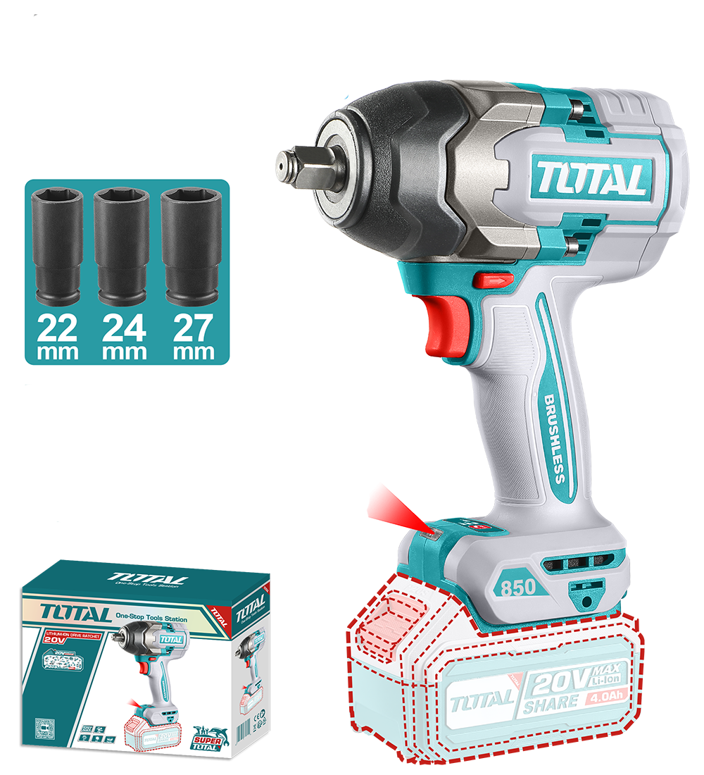 Masina de insurubat cu impact TOTAL, 20V, 850Nm, motor fara perii (nu include acumulator), tractiune patrata 1/2”, 1, atomico.ro