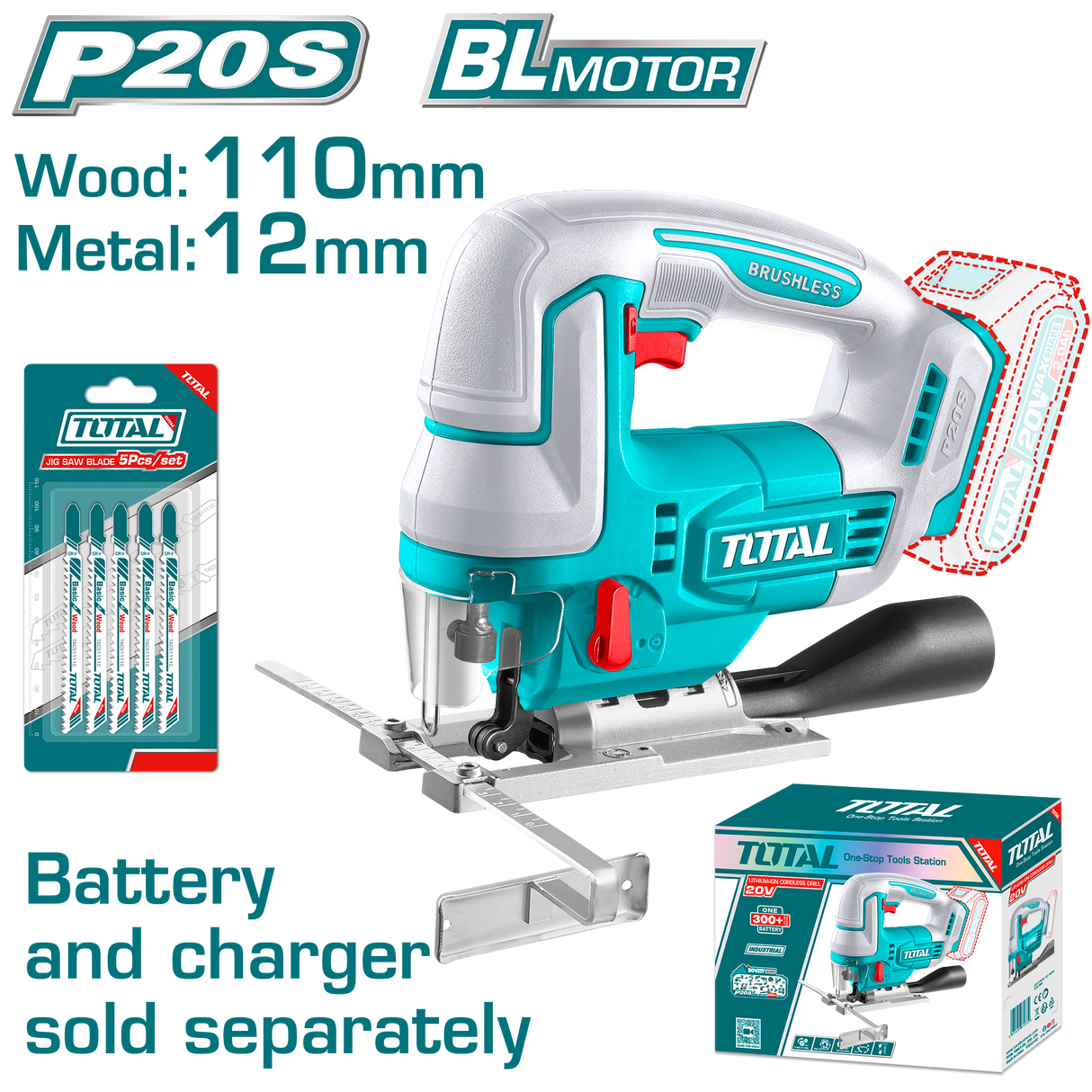 Fierastrau pendular TOTAL 20V Li-Ion, 3000 rpm, include 5 lame de ferastrau (acumulator si incarcator nu sunt incluse), 2, atomico.ro