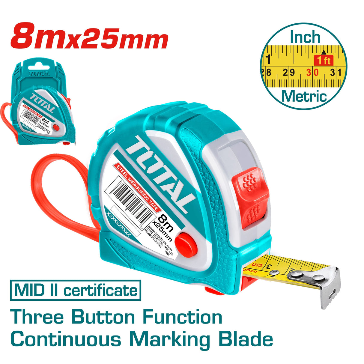 Ruleta Total - 8m x 25mm - buton 3 functii, 1, atomico.ro