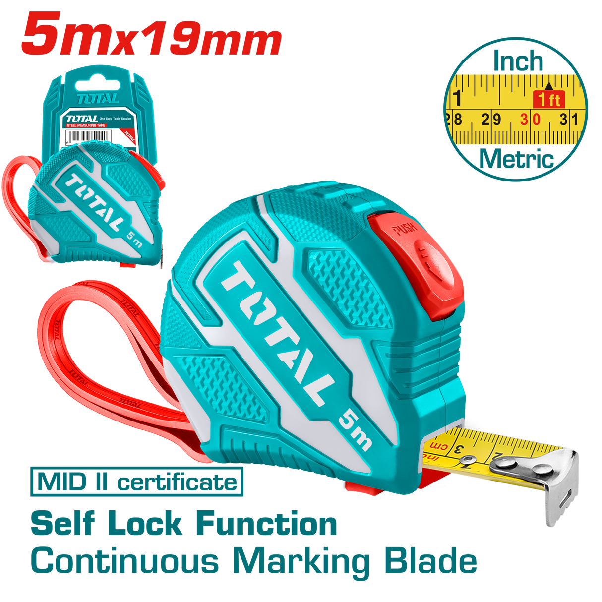 Ruleta TOTAL 5 m x 19 mm, 2 functii, blocare automata, MID II, 1, atomico.ro