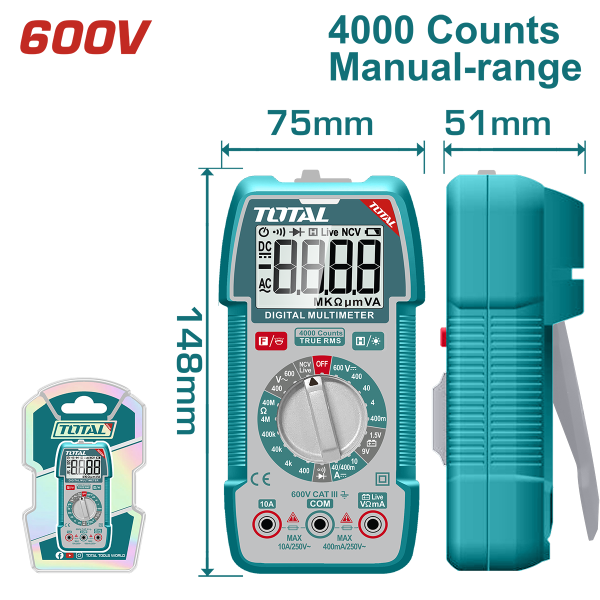Multimetru digital TOTAL – True RMS 4000 count, NCV, test baterie, lanterna integrata, 2, atomico.ro