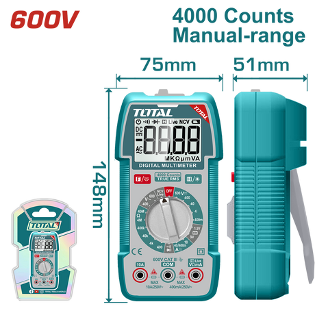 Scule si unelte de mana, Multimetru digital TOTAL – True RMS 4000 count, NCV, test baterie, lanterna integrata, 2, atomico.ro