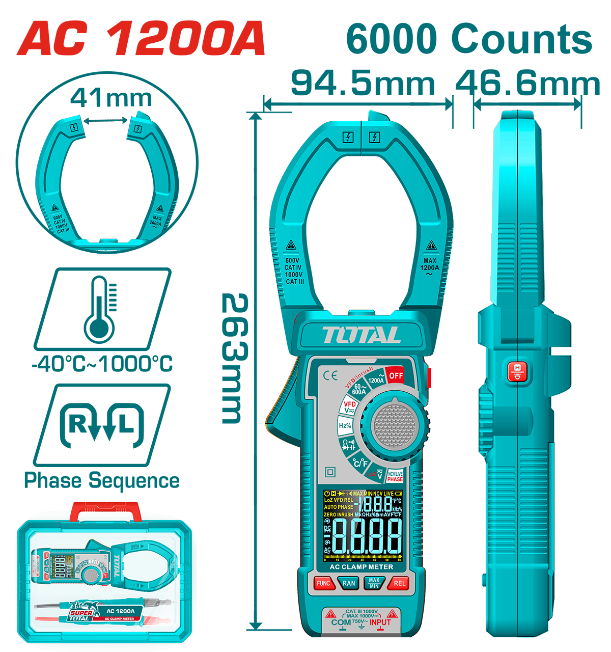 Clampmetru digital TOTAL – True RMS, 6000 count, masurare AC/DC, ecran color, -40°C~1000°C, 2, atomico.ro