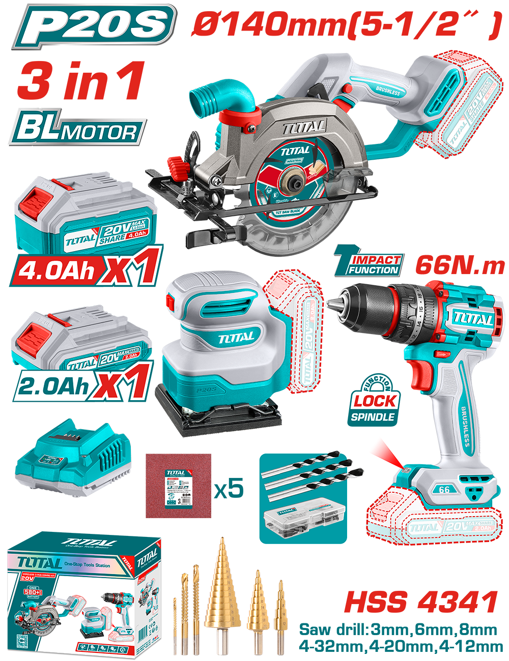 Kit Combo TOTAL 20V - Fierastrau circular, masina de gaurit cu impact, slefuitor (include 2 acumulatori, 1 incarcator), 1, atomico.ro