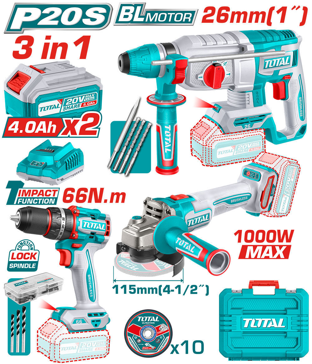 Kit Combo TOTAL 20V 2.0Ah - Masina de gaurit cu impact, masina de insurubat cu impact (include 2 acumulatori, 1 incarcator), 1, atomico.ro