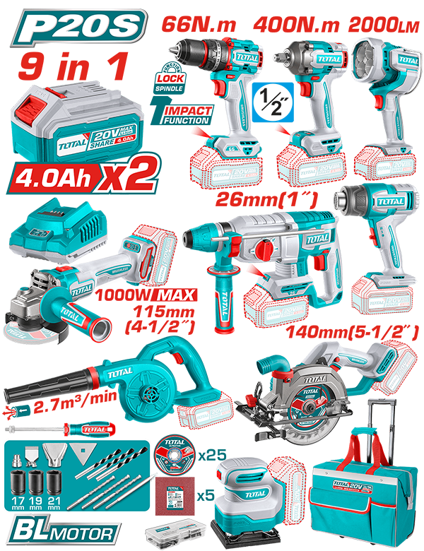 Kit Combo TOTAL 20V – Bormasina cu percutie, Masina de insurubat cu impact, Polizor unghiular, Ciocan rotopercutor, Fierastrau circular, Suflanta, Slefuitor, Pistol cu aer cald, Lampa de lucru pe acumulator - include 2 baterii, incarcator si accesorii, 22, atomico.ro