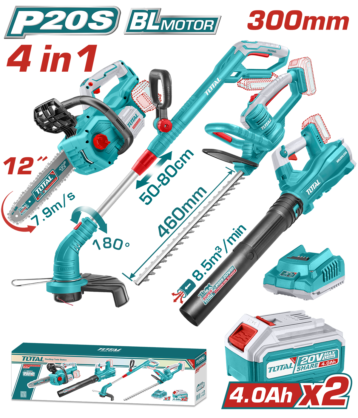 Kit Combo gradinarit TOTAL 20V – drujba, trimmer gard viu, suflanta, trimmer iarba, 2 baterii 4.0Ah, incarcator, 1, atomico.ro