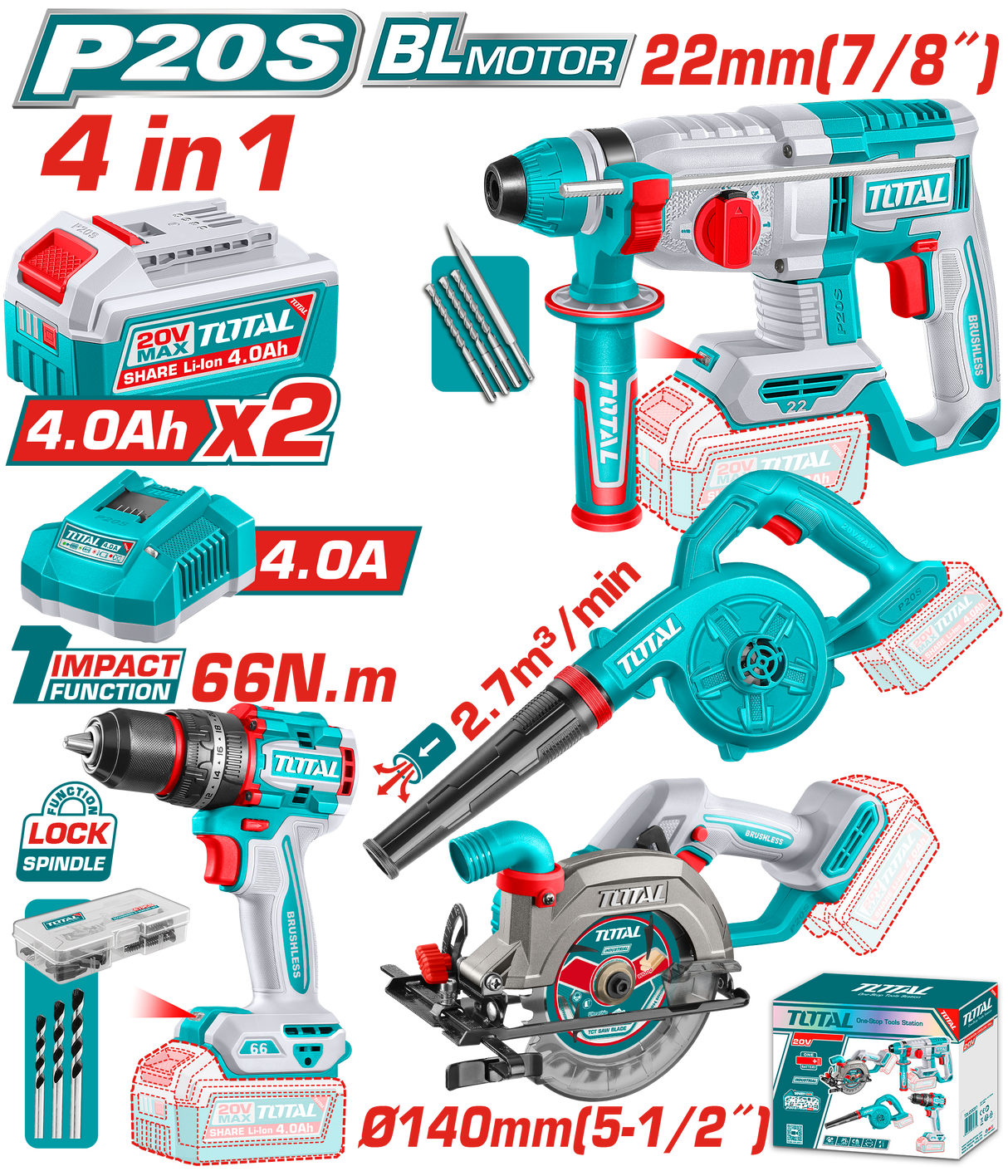 Kit combo TOTAL 20V cu Masina de gaurit, Ciocan rotopercutor, Fierastrau circular si Suflanta (INCLUDE 2 ACUMULATORI , 1 INCARCATOR), 1, atomico.ro