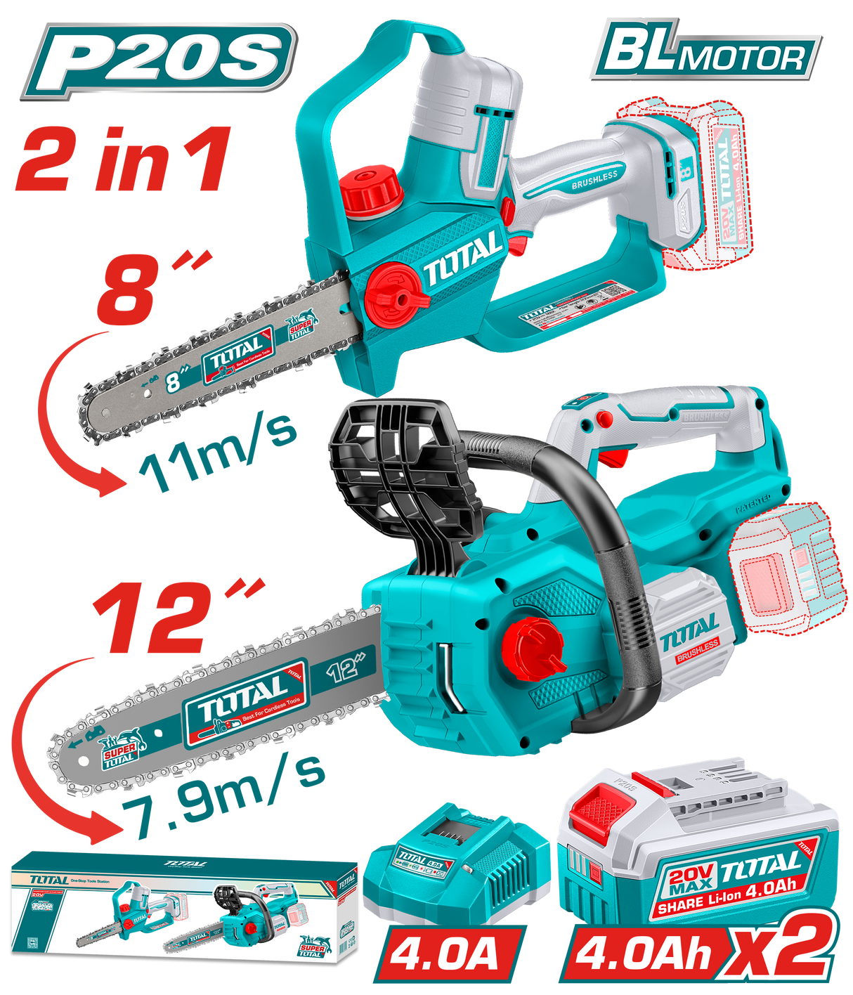 Kit combo TOTAL 20V, drujba 12” + fierastrau electric crengi 8”, 2 acumulatori 4.0Ah, incarcator, 1, atomico.ro