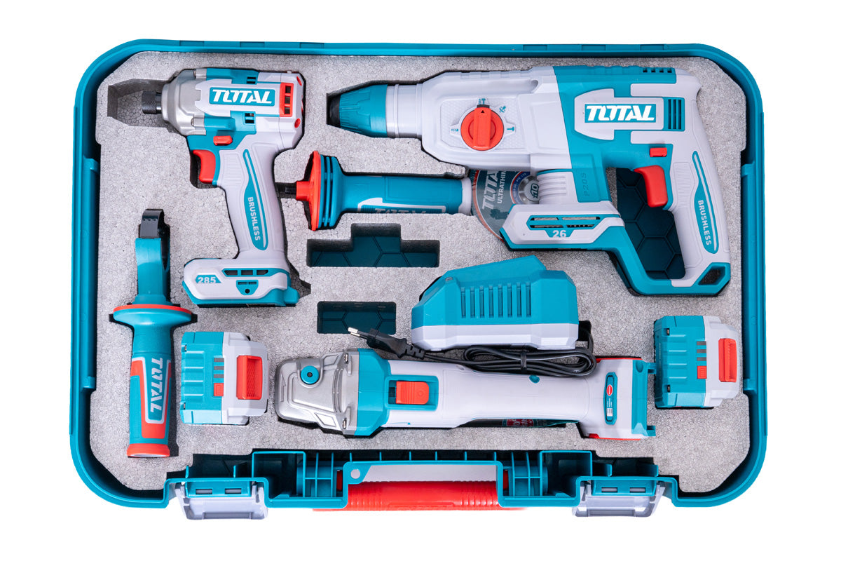 Kit Combo TOTAL 20V, Ciocan rotopercutor, Polizor unghiular, Masina de insurubat cu impact (include 2 acumulatori 4.0 Ah, incarcator si accesorii), 1, atomico.ro