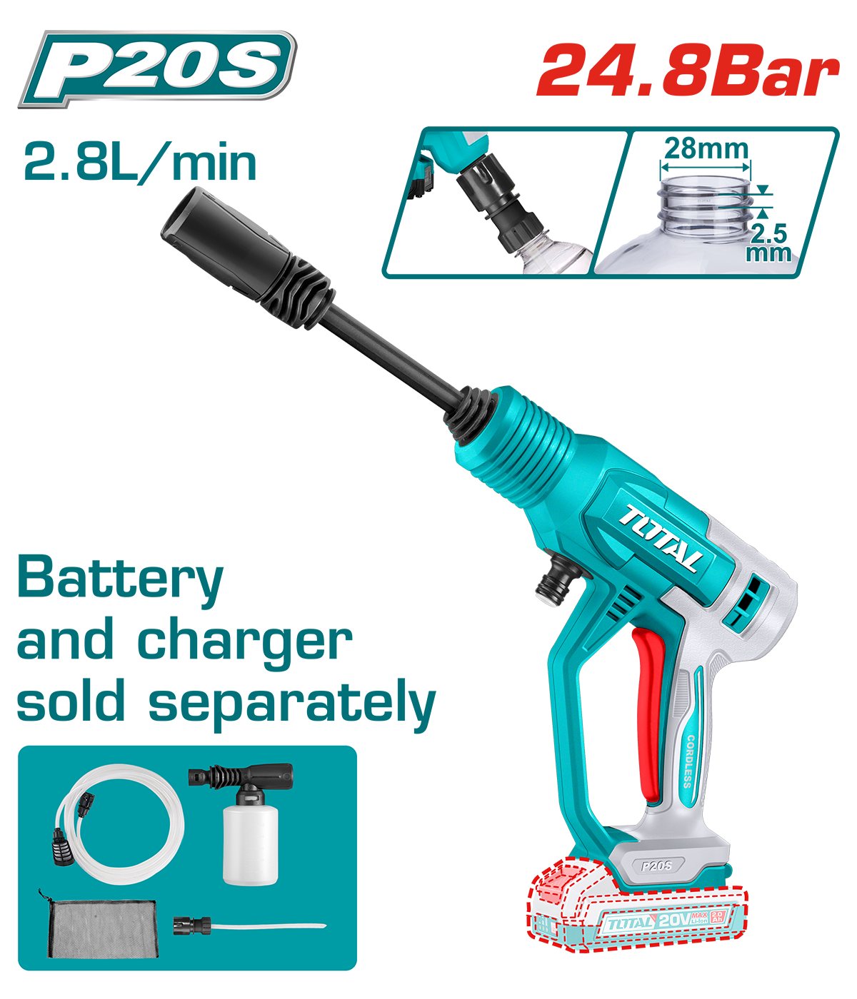 Aparat de spalat cu presiune TOTAL 20V – Portabil, 24.8 Bar, Autoabsorbtie, Li-Ion, 3, atomico.ro