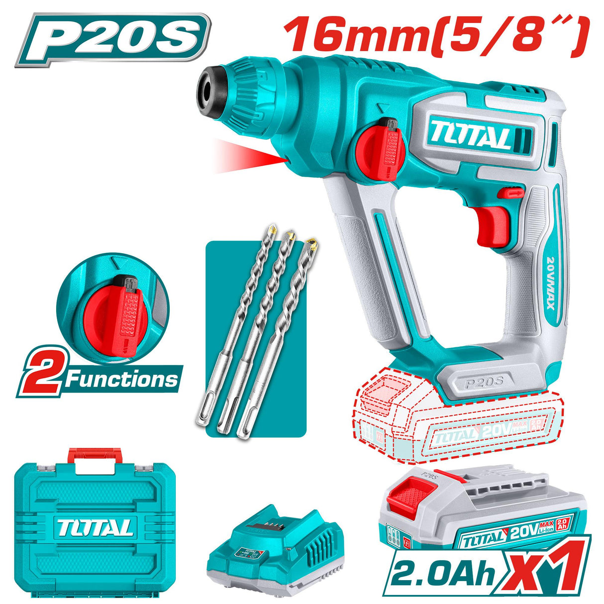 Ciocan rotopercutor TOTAL 20V, 1.5J, SDS Plus, 16 mm beton, acumulator 2.0Ah si incarcator incluse, 2, atomico.ro