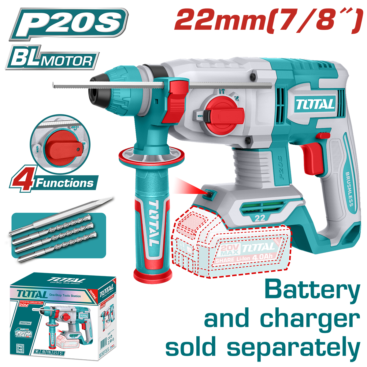 Ciocan rotopercutor Total Li-Ion 20V, 2.0J, motor fara perii, 5400 bpm, 1100 rpm, 2, atomico.ro