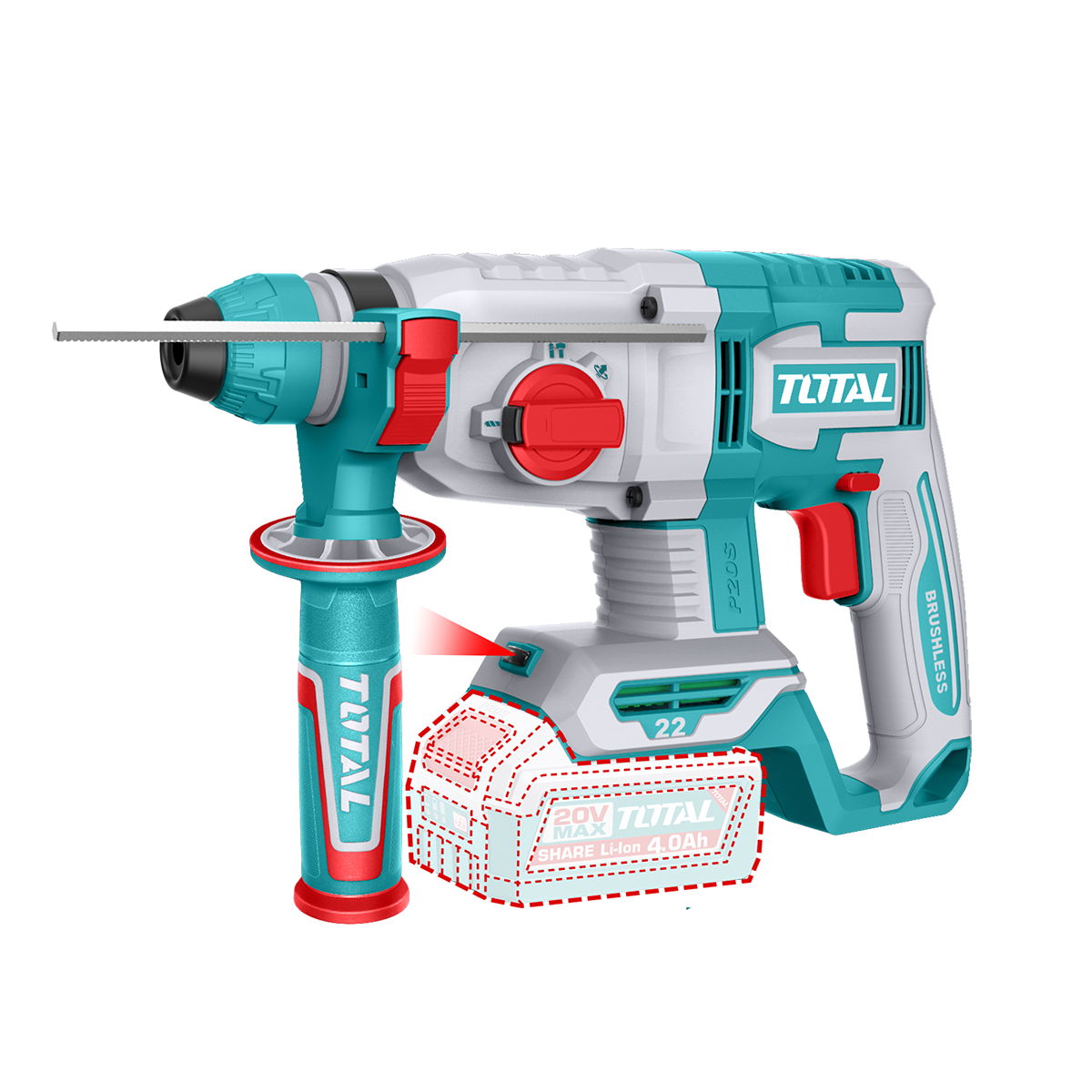 Ciocan rotopercutor Total Li-Ion 20V, 2.0J, motor fara perii, 5400 bpm, 1100 rpm, 1, atomico.ro