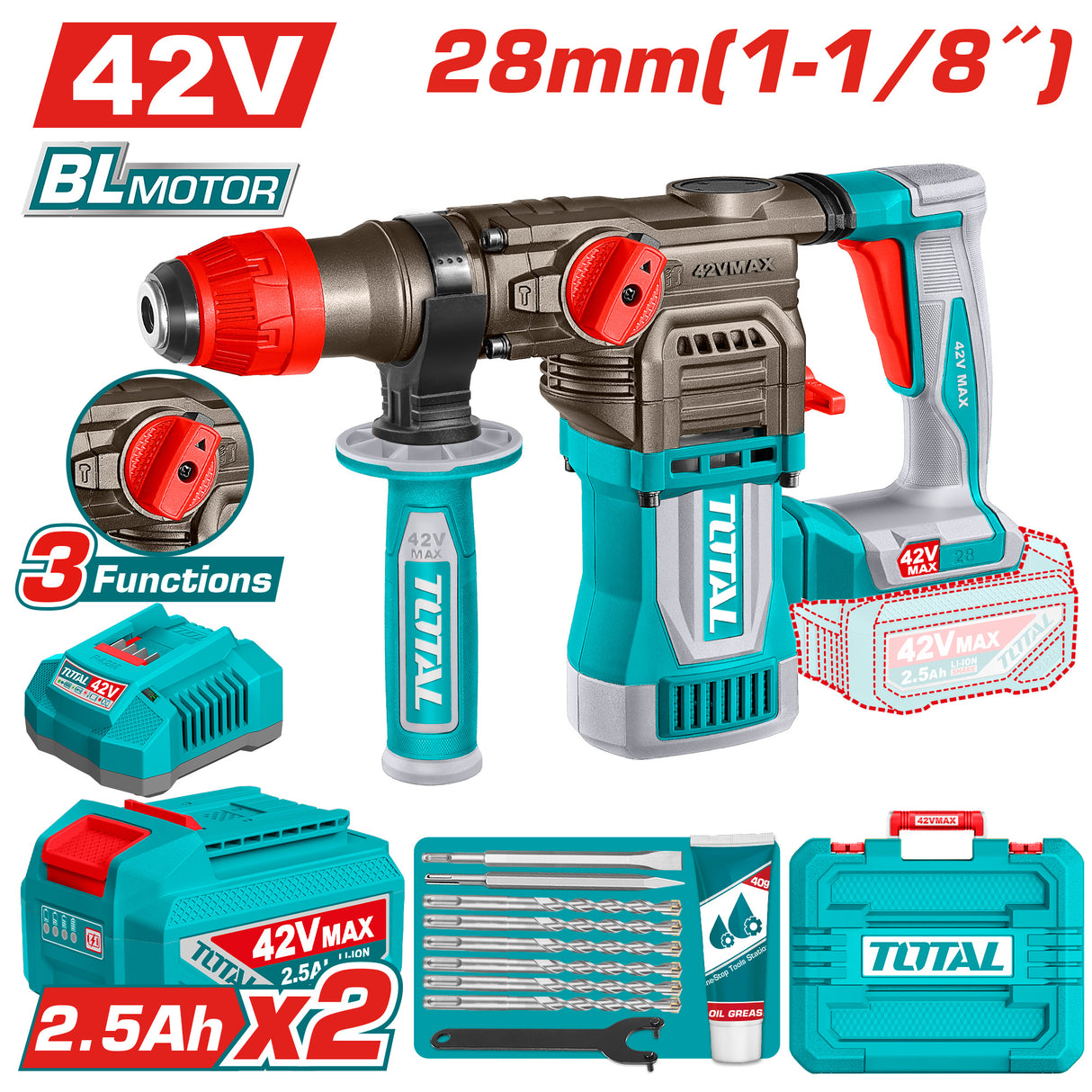 Ciocan rotopercutor TOTAL 42V, 28 mm, SDS Plus, 4.5 J (INCLUDE 2 ACUMULATORI, 1 INCARCATOR), 3, atomico.ro