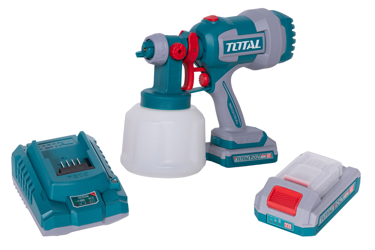 Pistol de vopsit TOTAL 20V – Rezervor 1000 ml, Debit 800 ml/min, Pulverizare reglabila (include cu acumulator si incarcator), 1, atomico.ro