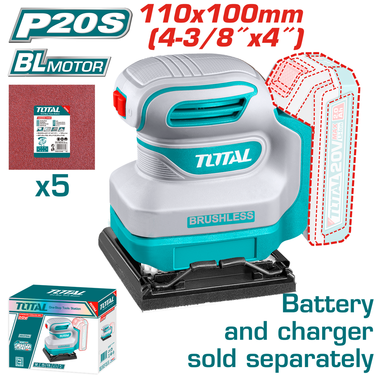 Masina de slefuit TOTAL 20V cu talpa patrata, 110x100 mm, 2, atomico.ro