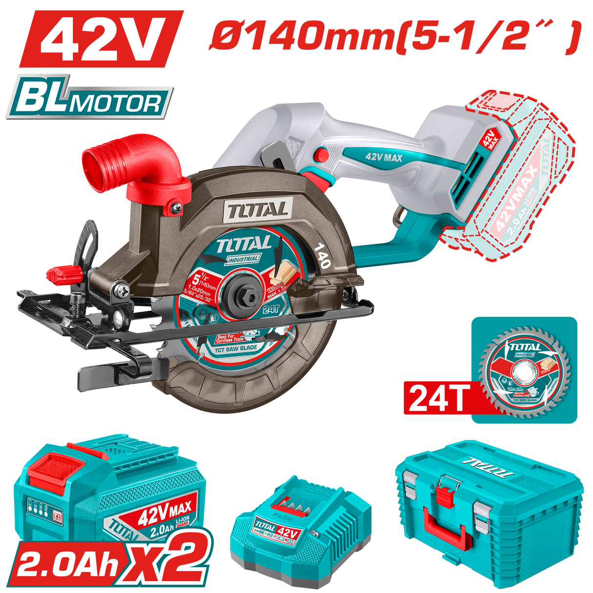 Fierastrau circular TOTAL 42V, 140 mm, brushless, cu 2 acumulatori 2.0Ah si incarcator, 1, atomico.ro