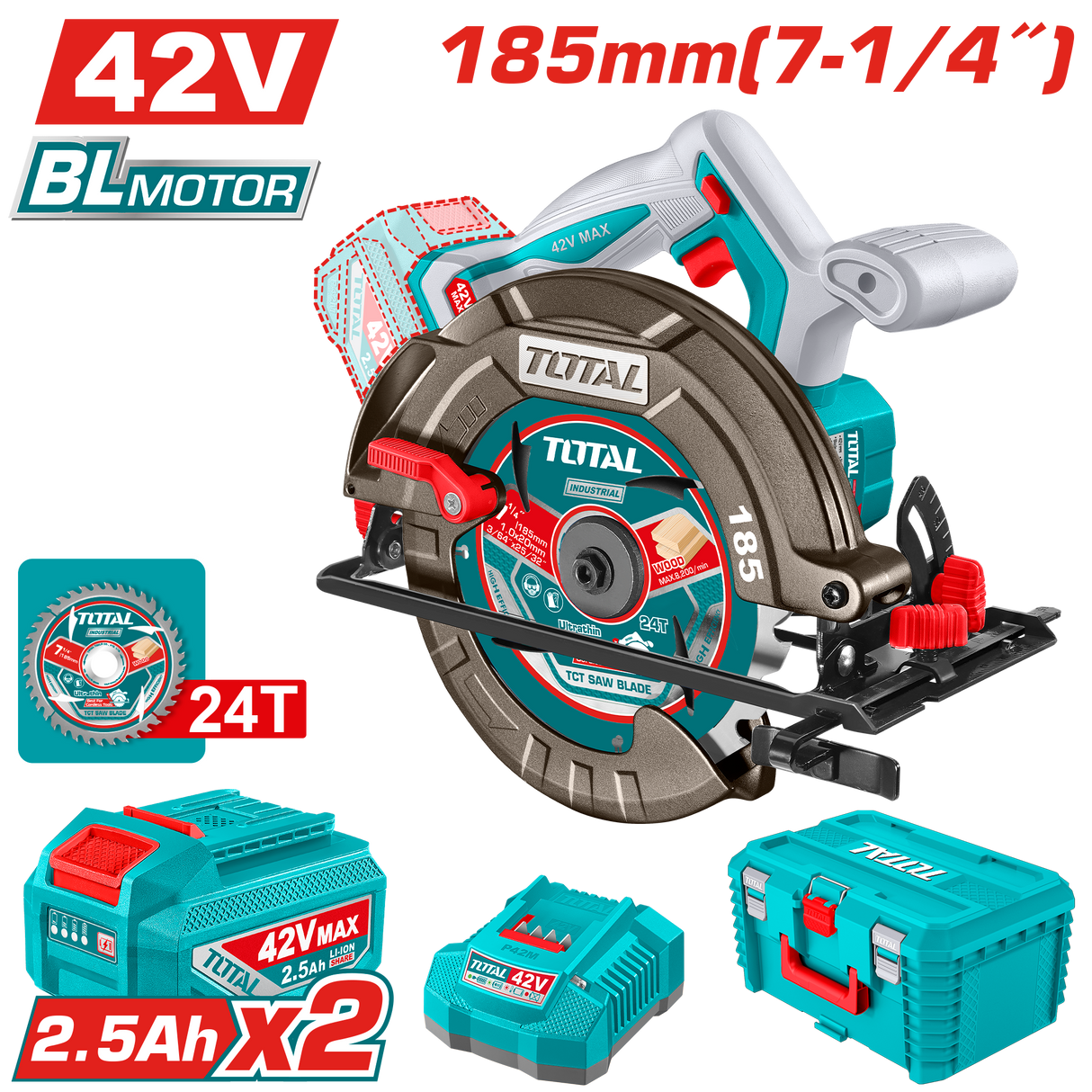 Fierastrau circular TOTAL 42V, 185 mm, brushless, cu 2 acumulatori 2.5Ah si incarcator, 1, atomico.ro