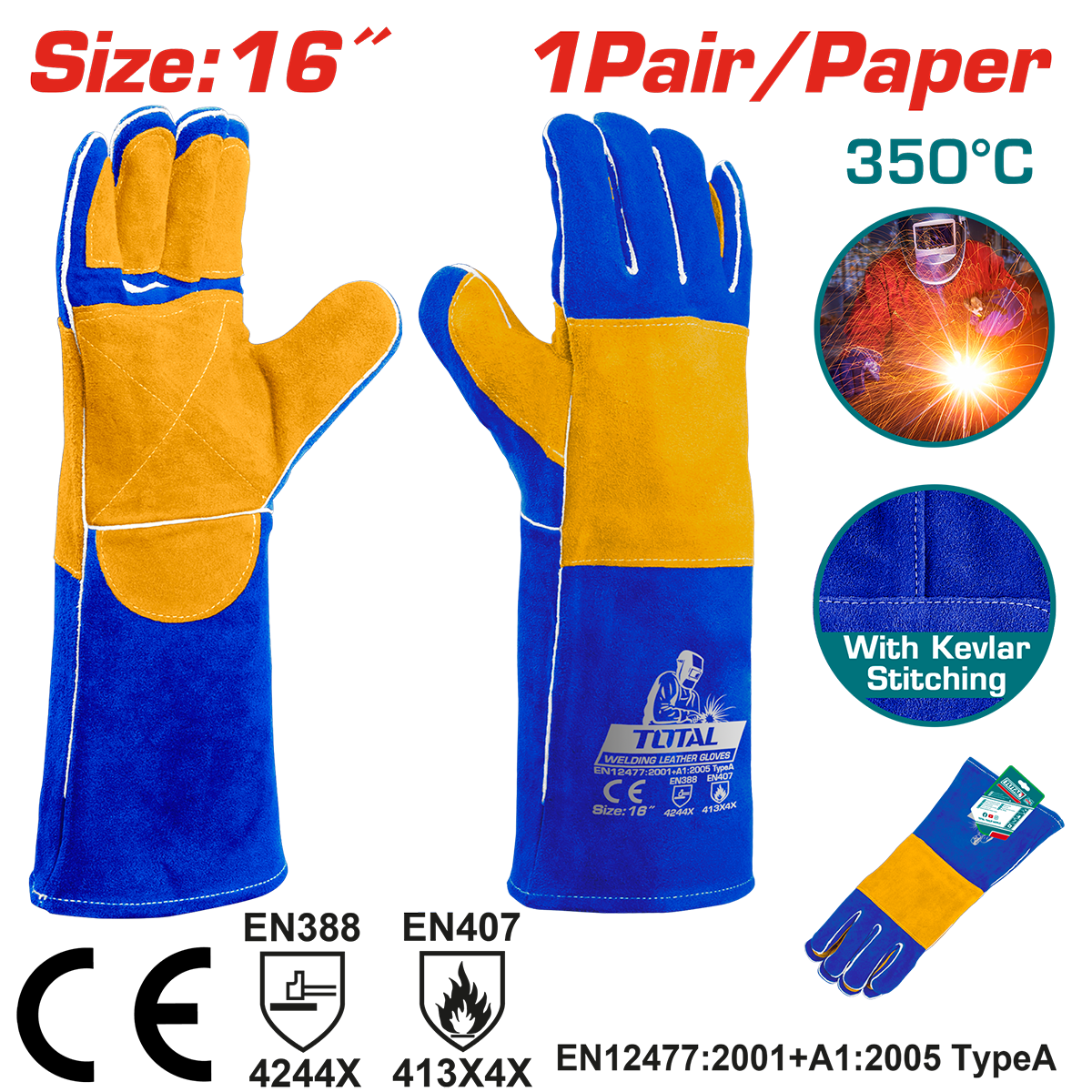 Manusi sudor TOTAL 16" – Piele groasa, rezistenta 350°C, cusaturi Kevlar, 6, atomico.ro