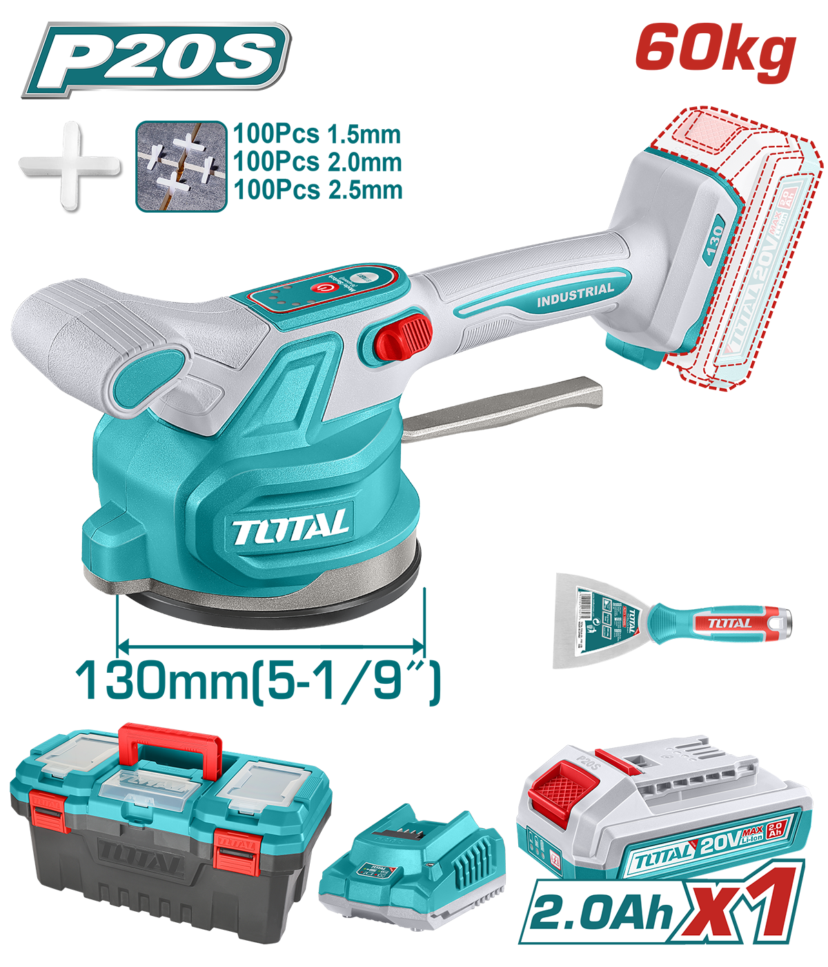 Vibrator cu ventuza pentru placi ceramice TOTAL – 20V, 60 kg, 6 viteze, set accesorii inclus (include acumulator si incarcator), 11, atomico.ro