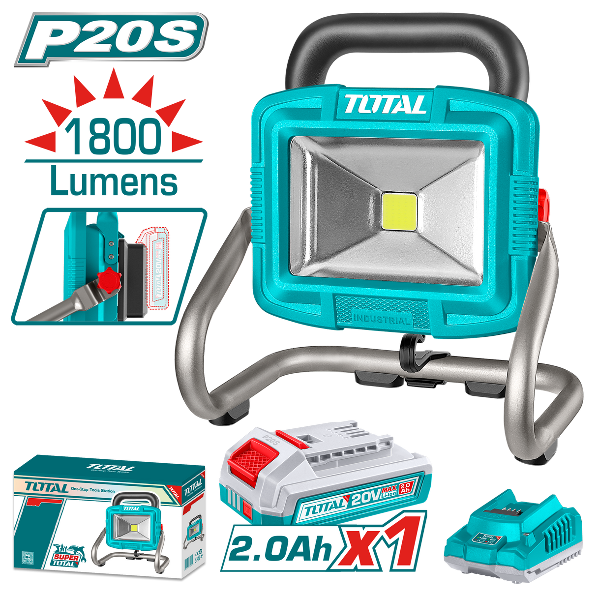Lampa de lucru LED TOTAL 20V, 1800 lumeni, 20W, cu acumulator si incarcator, 1, atomico.ro