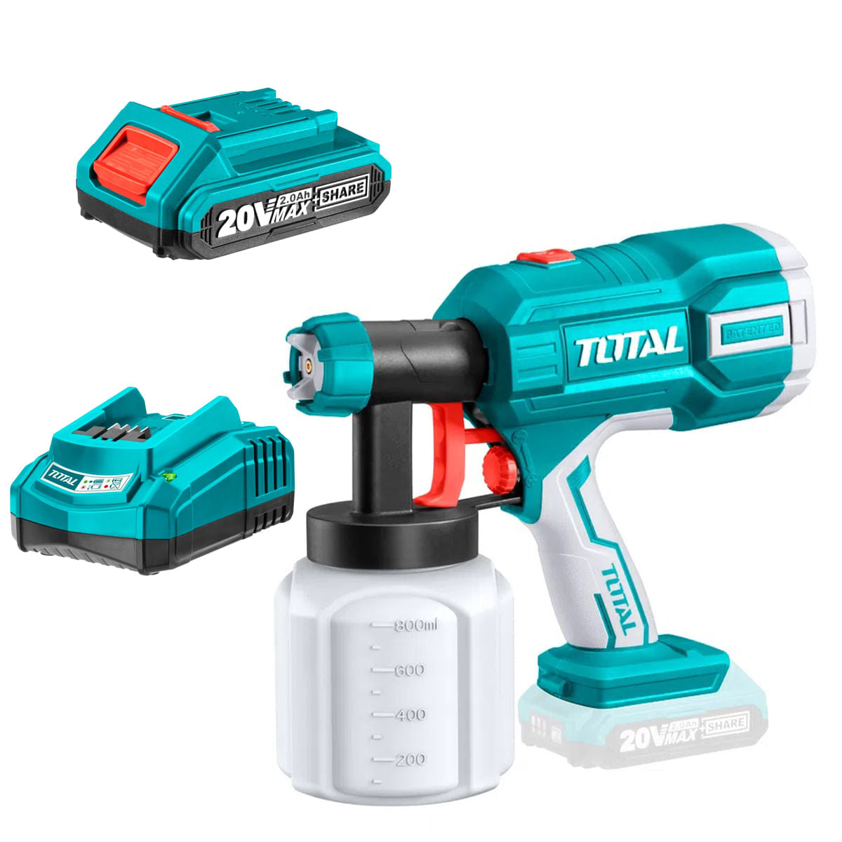 Pistol de vopsit TOTAL, 800ml - 20V LI-ION cu incarcator si acumulator, 1, atomico.ro
