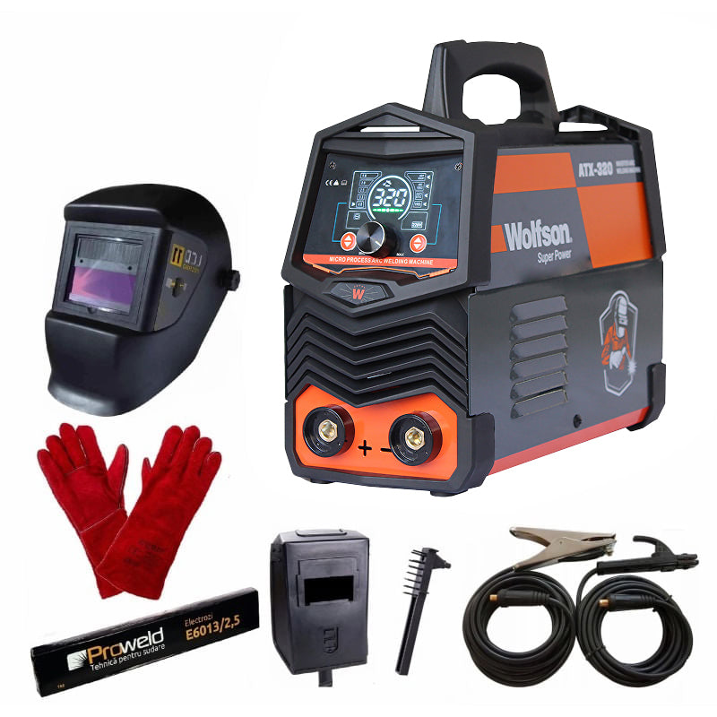 Aparat de sudura cu electrod WOLFSON ATX-320 cu Inverter 2 in 1 MMA si LIFT-TIG, 140Ah + masca automata + manusi + electrozi, 1, atomico.ro