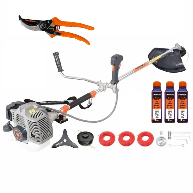 Motocoasa profesionala WOLFSON TRX-620, 2 CP, 8 accesorii, ham confort, 3 sticle de ulei rosu + foarfeca taiere crengi, 1, atomico.ro