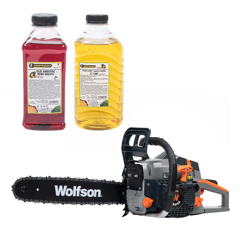 Drujba pe benzina WOLFSON STX-580, 2.6CP, 52CC, 2 lame + 2 lanturi + ulei amestec 0.5L, ulei ungere lant L150, 1, atomico.ro