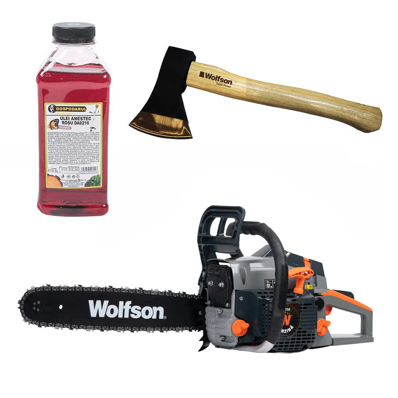 Drujba pe benzina WOLFSON STX-580, 2.6CP, 52CC, 2 lame + 2 lanturi + ulei amestec 0.5L, toporisca Wolfson 600g, 1, atomico.ro