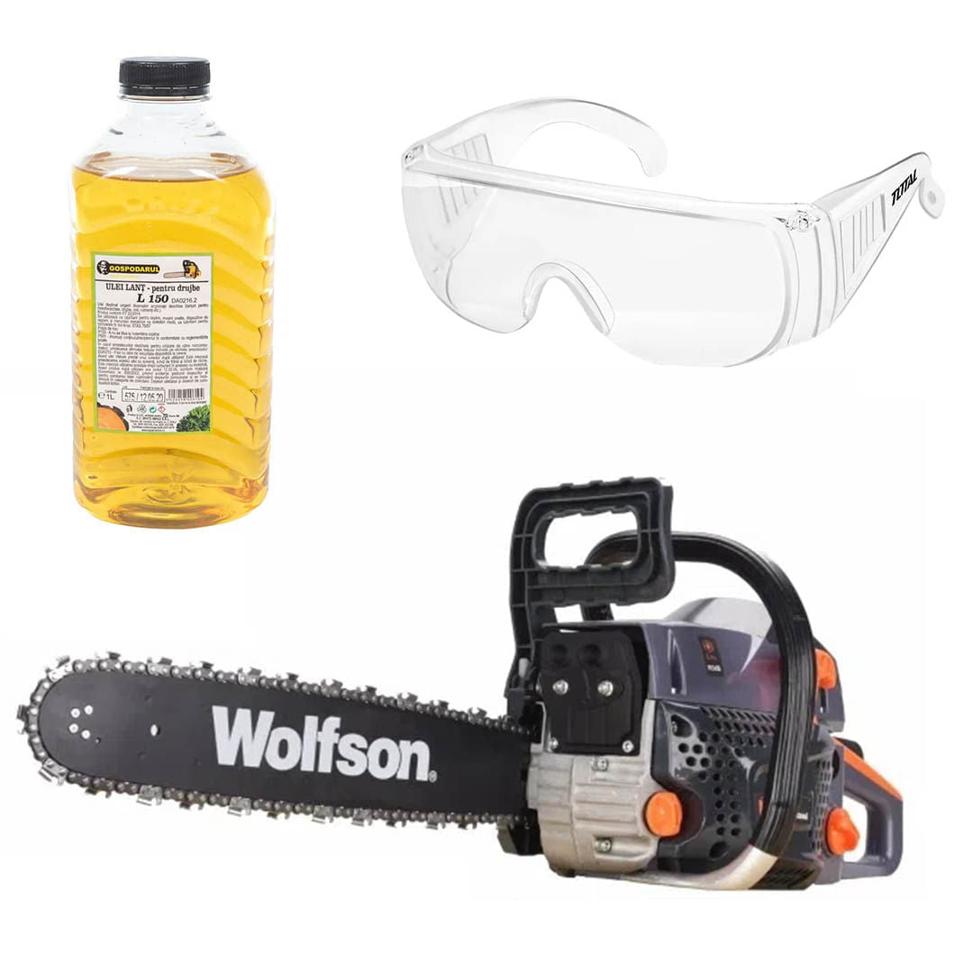 Drujba pe benzina WOLFSON STX-580, 2.6CP, 52CC, 2 lame + 2 lanturi + ulei ungere lant L150, ochelari de protectie, 1, atomico.ro